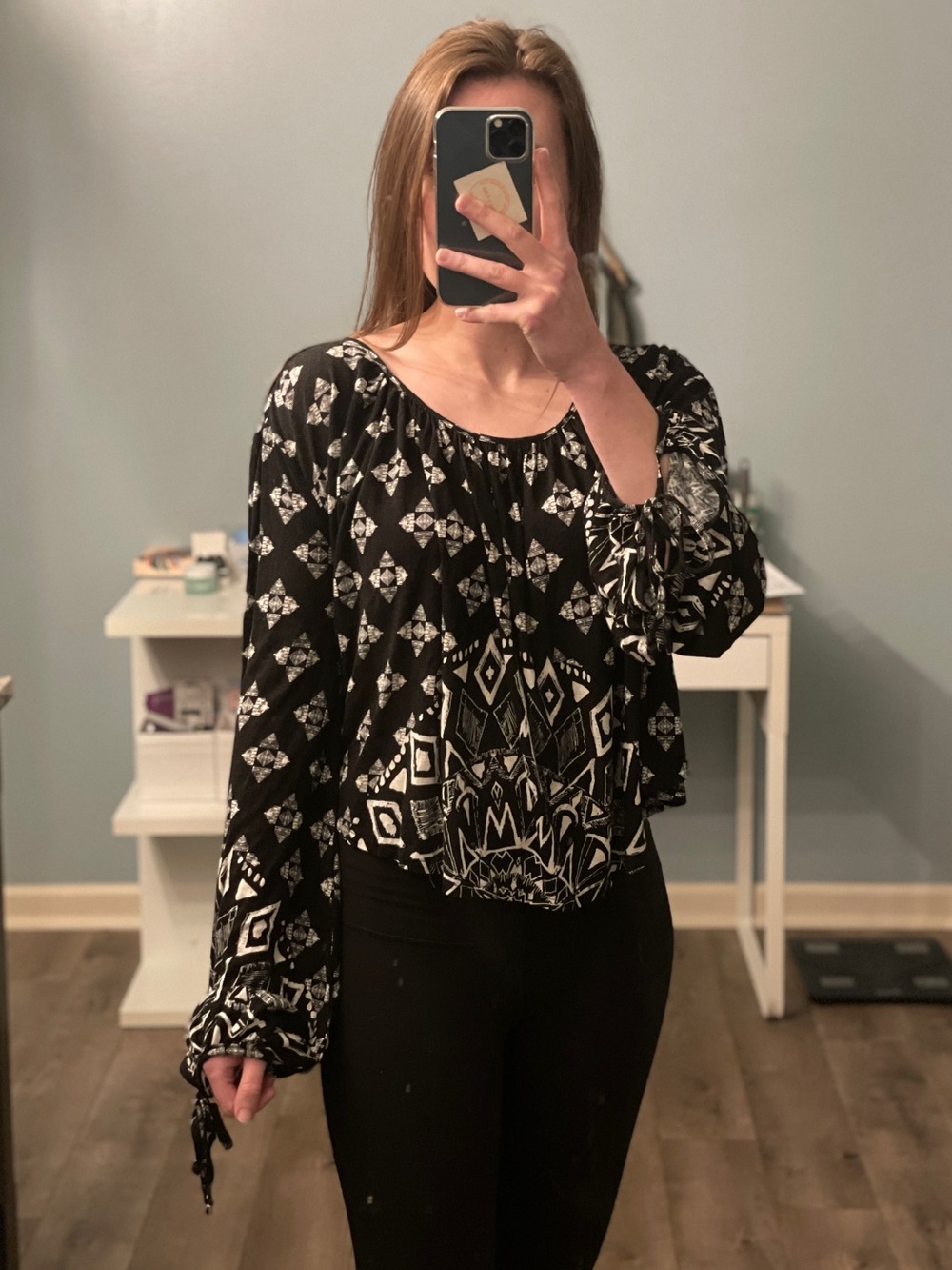 Free People Black and White Printed Long-Sleeve Flowy Blouse - Picture 8 of 9